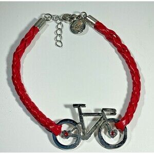 Little Red Bicycle Bracelet Silver Tone on Braided Red Leather Strap EUC Whimsy